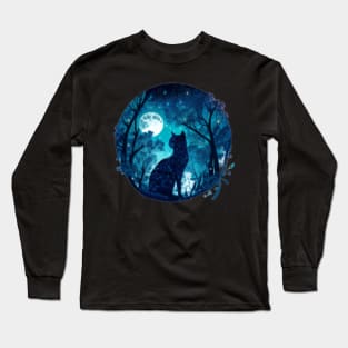 moonlight blue galaxy forest cat Long Sleeve T-Shirt